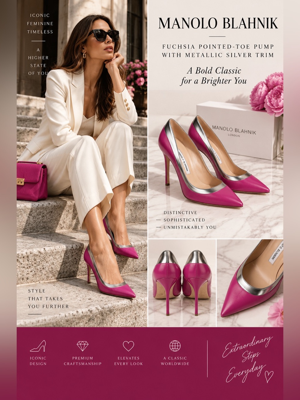 Manolo Blahnik Fuchsia Pointed-Toe Pump with Metallic Silver Trim